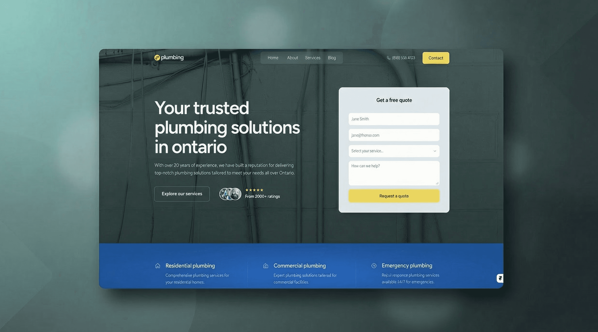 Halton Hills web design - Ontario plumbing solutions homepage hero by DAWebDesigns