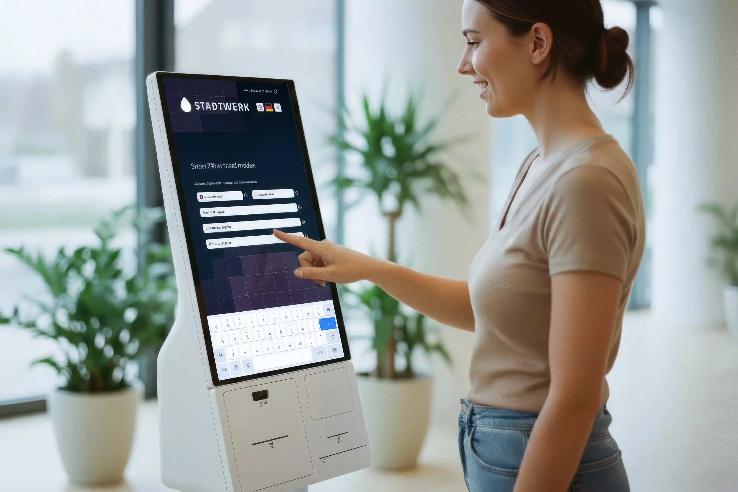 Eine Kundin beim Eingeben des Zählerstandes am Terminal