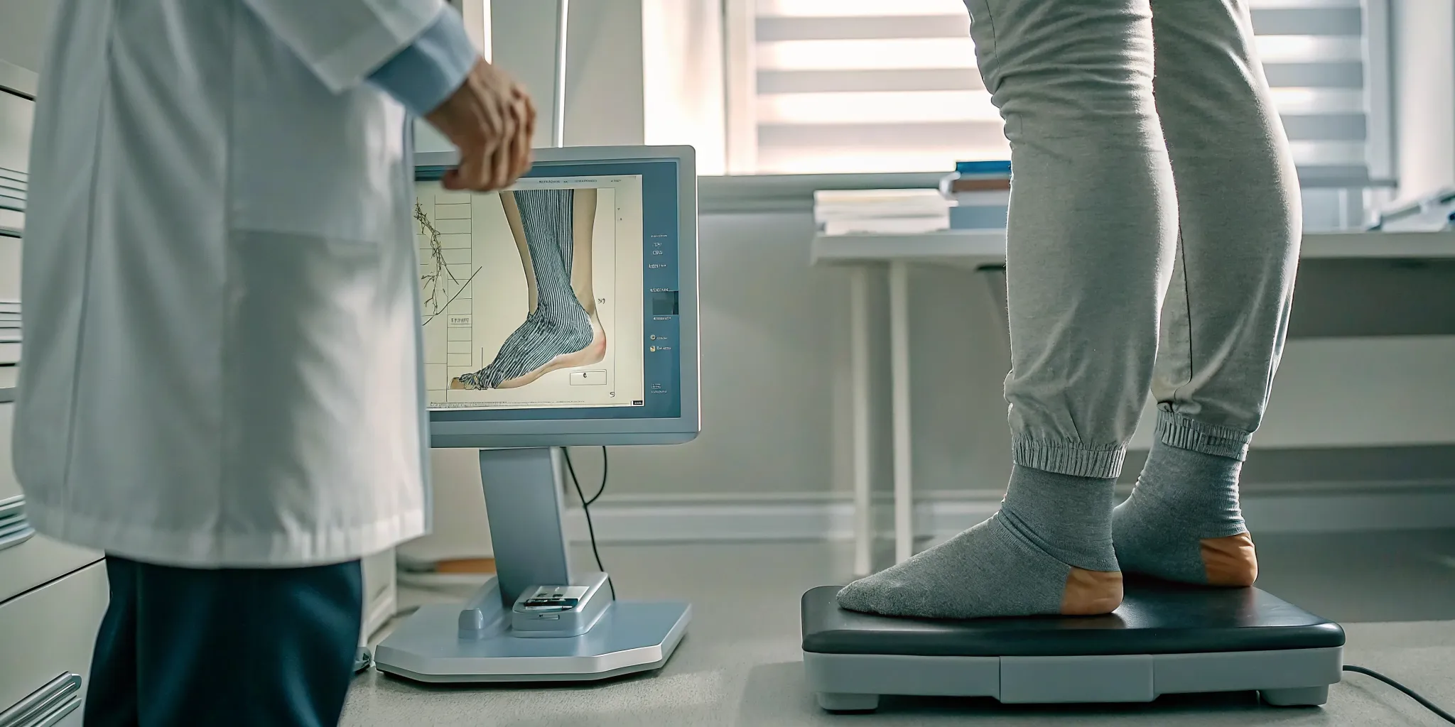 Podiatrist using a foot pressure plate scanner with a patient standing on the device in a modern medical office