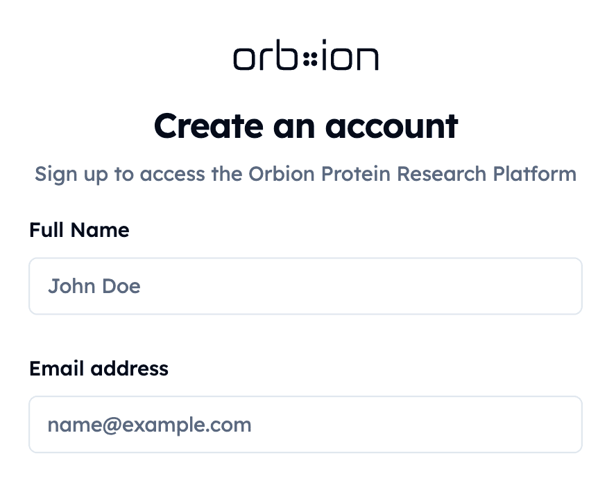 Orbion Platform's Sign Up Page