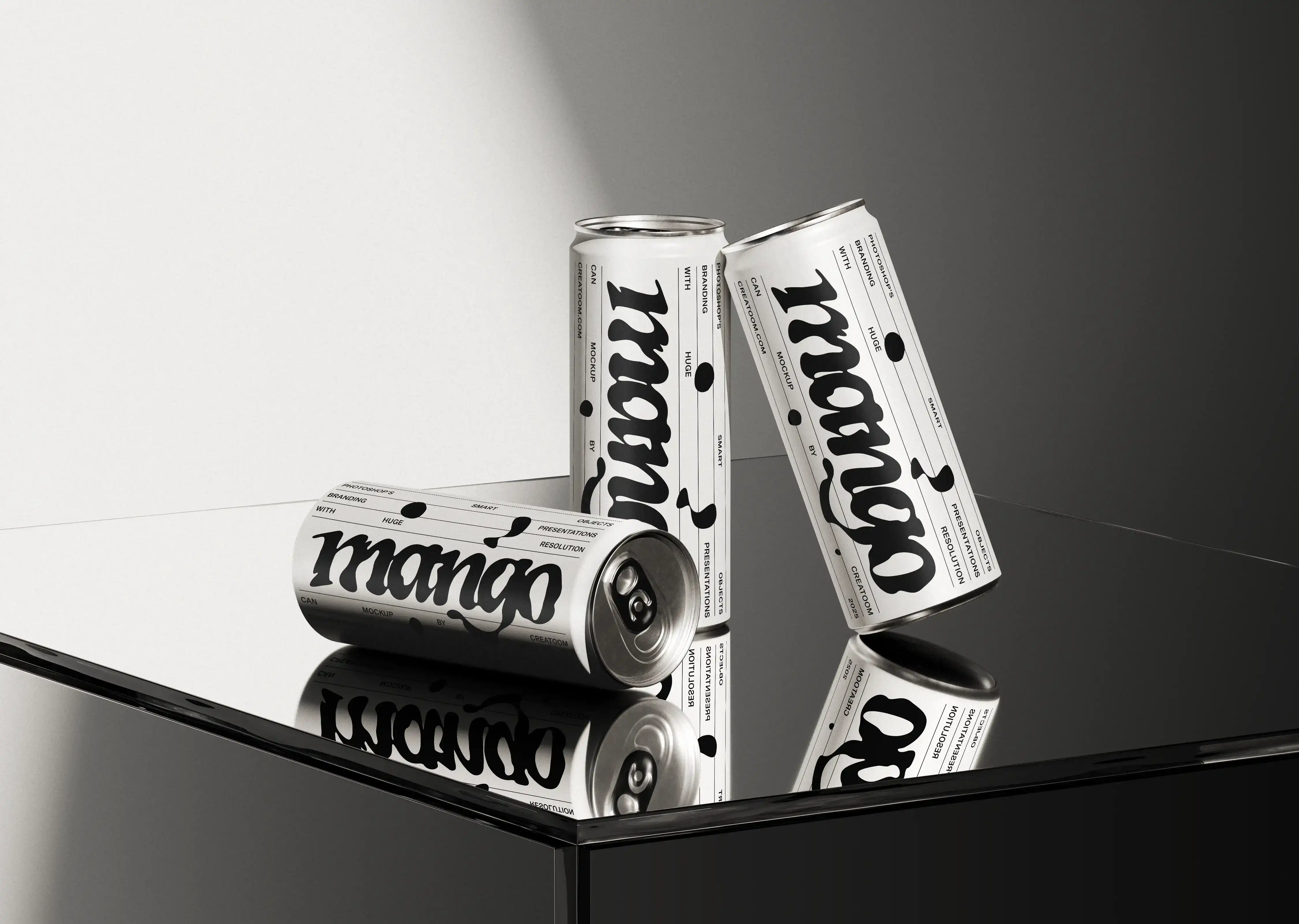 Cans arranged on mirrored surface with reflections visible