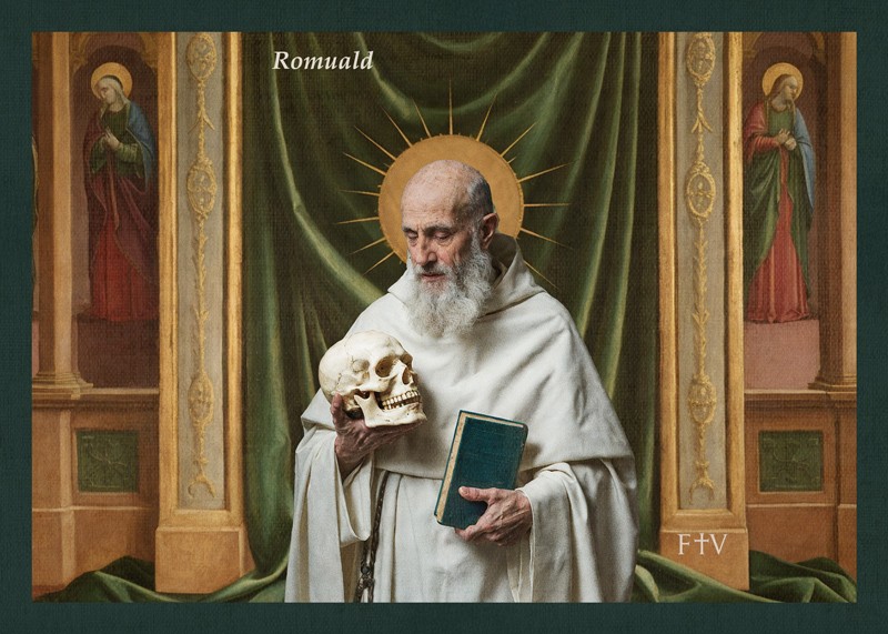 Sacred artwork by Faith and Verse. © Faith and Verse, 2025. All rights reserved. Traditional Catholic art postcard featuring Saint Romuald in devotional portrait style.