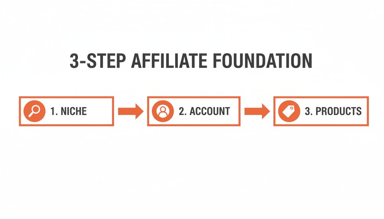 A diagram outlining the 3-step affiliate marketing foundation: 1. Niche, 2. Account, and 3. Products.