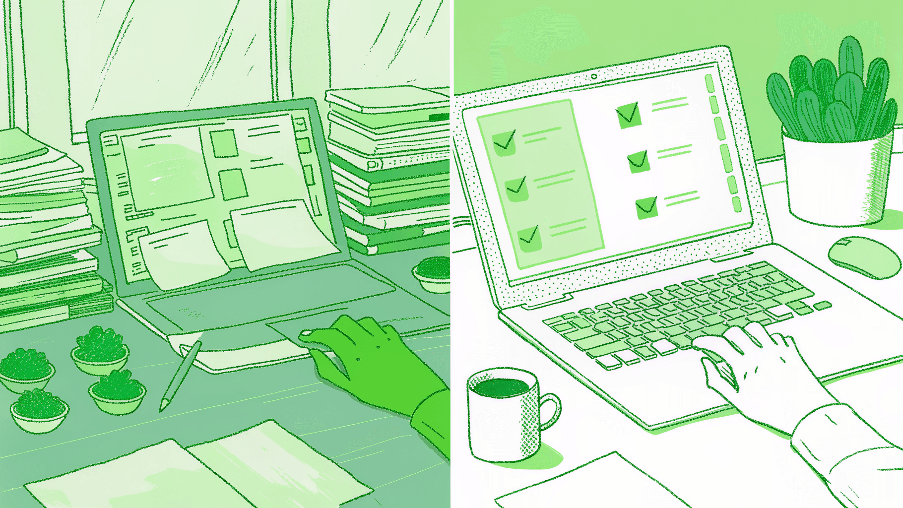 Cluttered insurance agency desk with paper files transforms into clean automated payment workflow dashboard