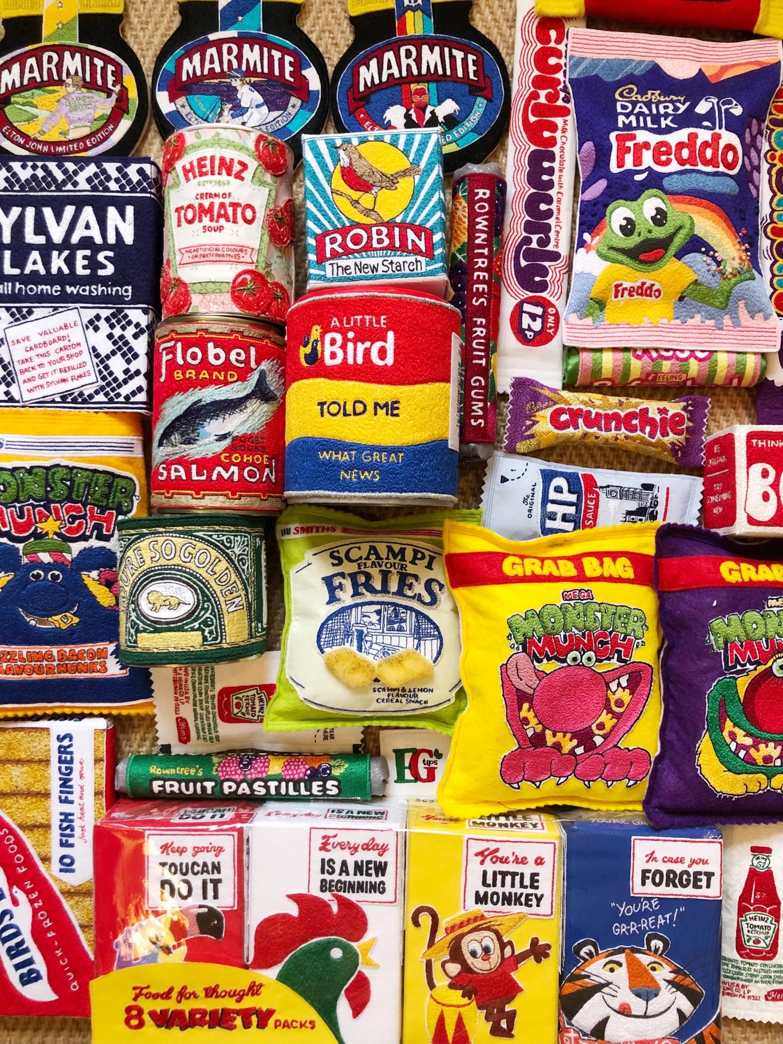 Emma Giacalone turns retro food packaging into stitched reminders to be kinder to ourselves