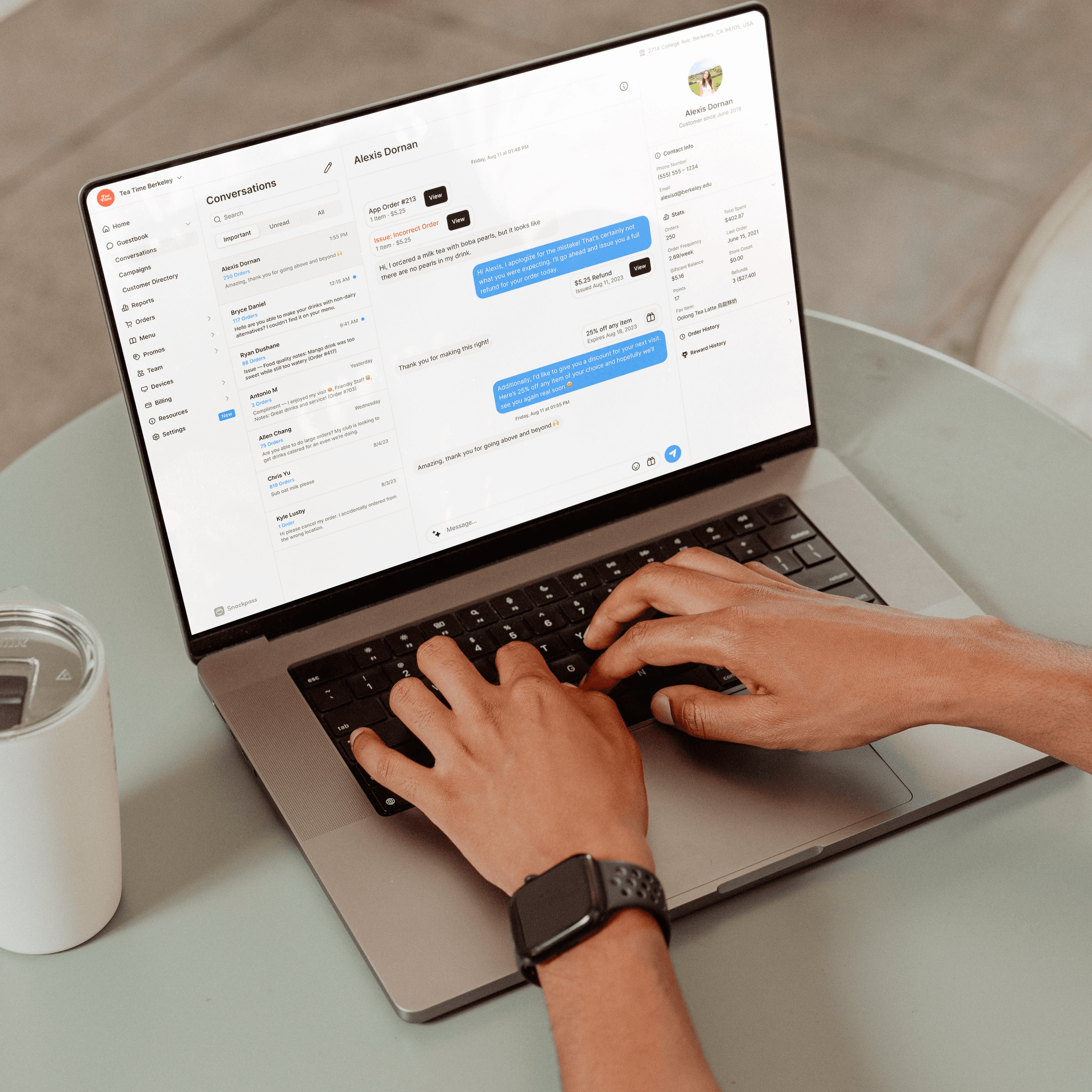 Snackpass dashboard showing live chat conversation between restaurant and customer