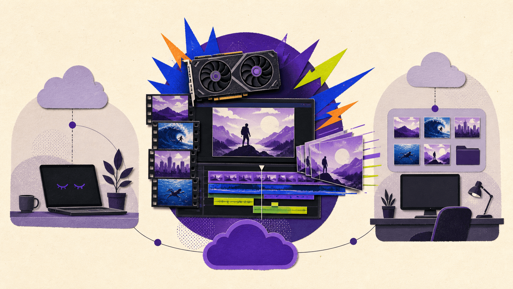 Illustration showing a video editing project moving from idle work to intensive rendering and completion