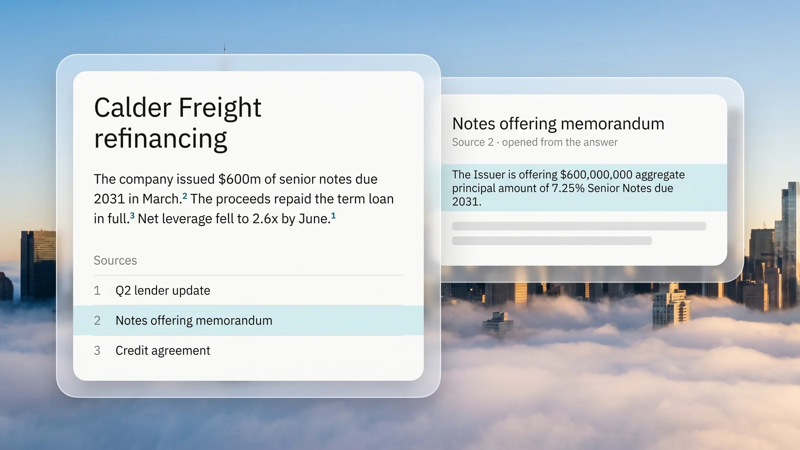 An answer about the Calder Freight refinancing with a numbered source on each sentence, beside the cited passage of the notes offering memorandum, opened from the answer