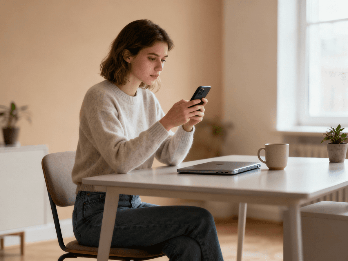 Woman in beige sweater sitting at table checking smartphone