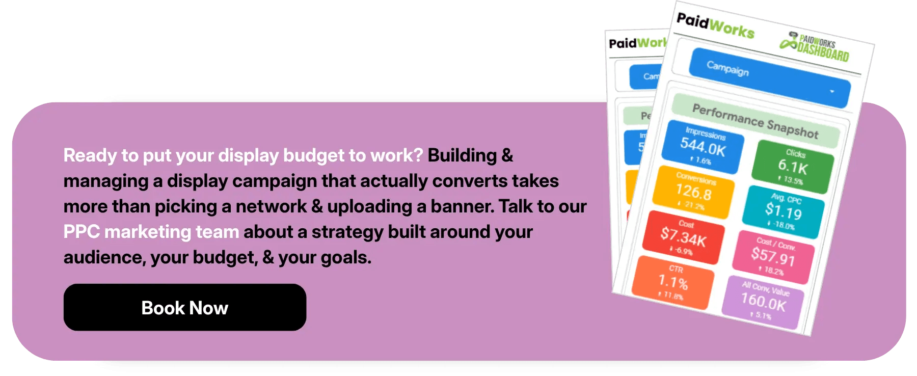 PaidWorks dashboard displaying PPC marketing performance metrics and a Book Now call to action.