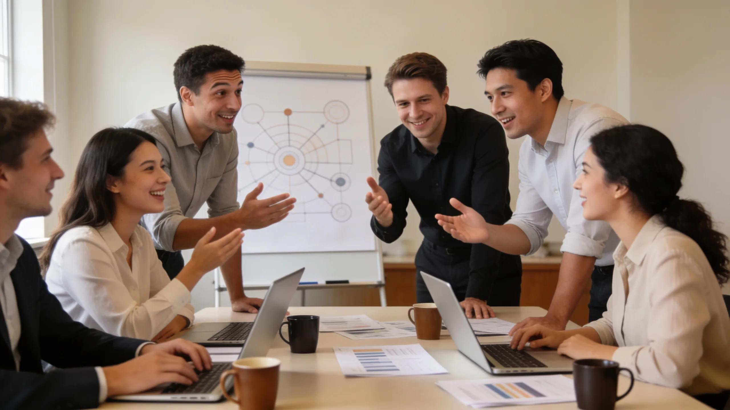 Business team presenting case studies of generative optimization success in a meeting setting
