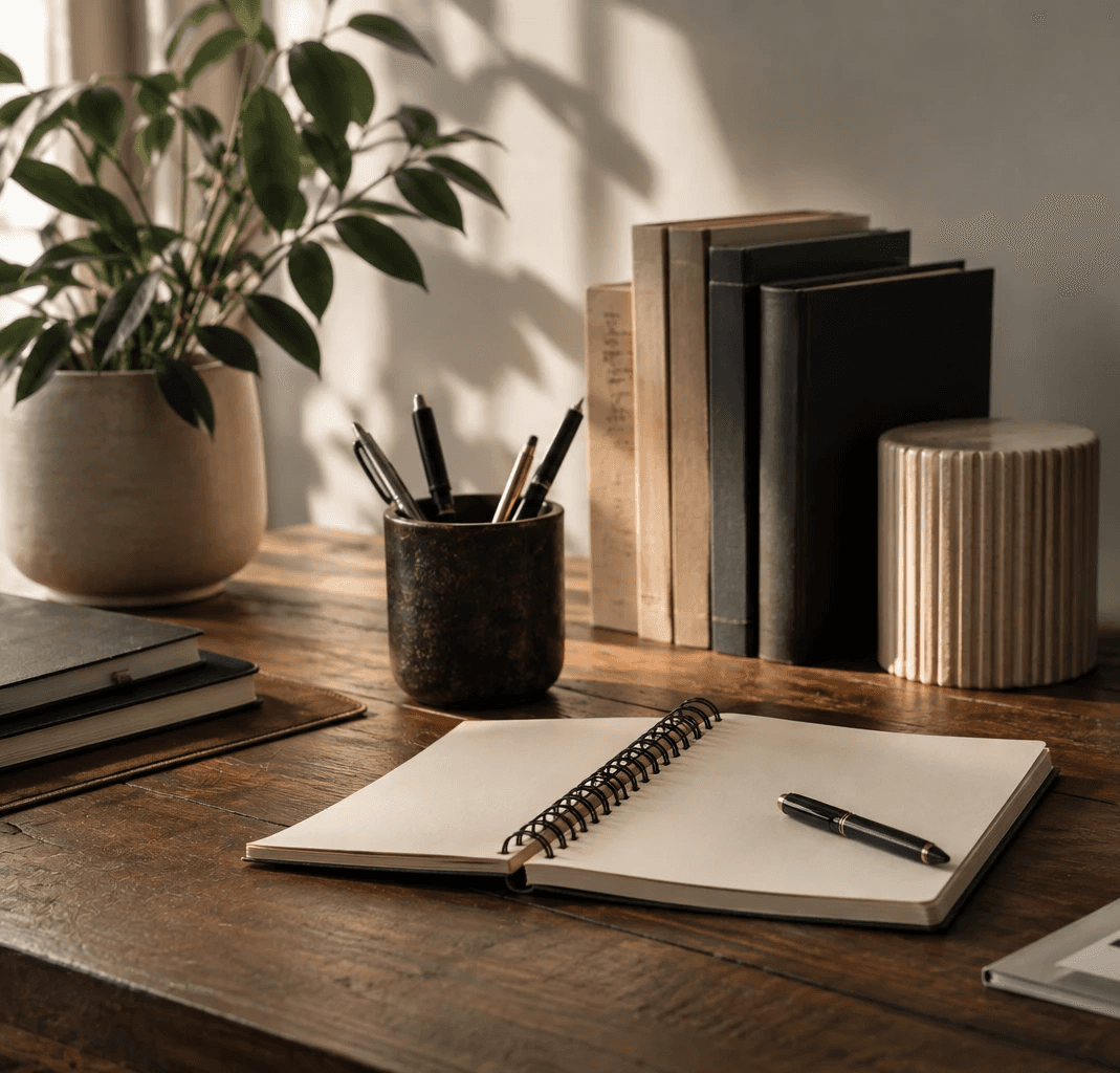 Notebook, pen and books on a wooden desk