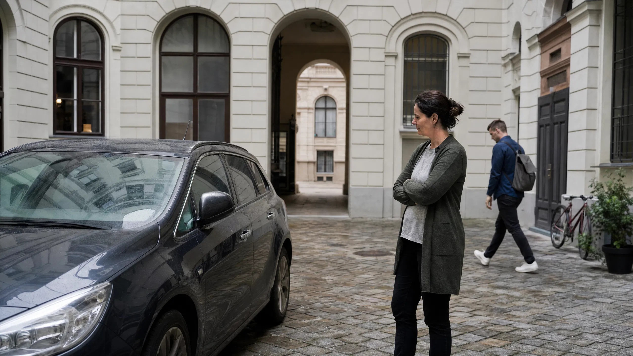 Eine Bewohnerin steht mit verschränkten Armen im Kopfsteinpflaster-Innenhof eines Wiener Gründerzeithauses und betrachtet ein dort geparktes Auto, während ein weiterer Bewohner im Hintergrund vorbeigeht.