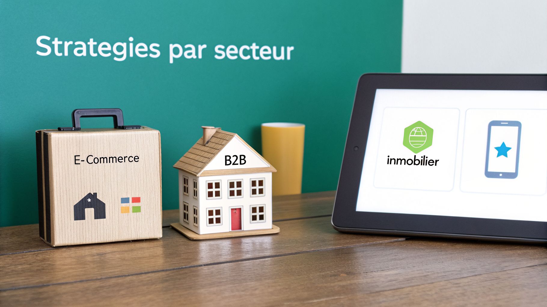 Image montrant des stratégies par secteur, avec symboles pour e-commerce, B2B et immobilier sur une tablette.
