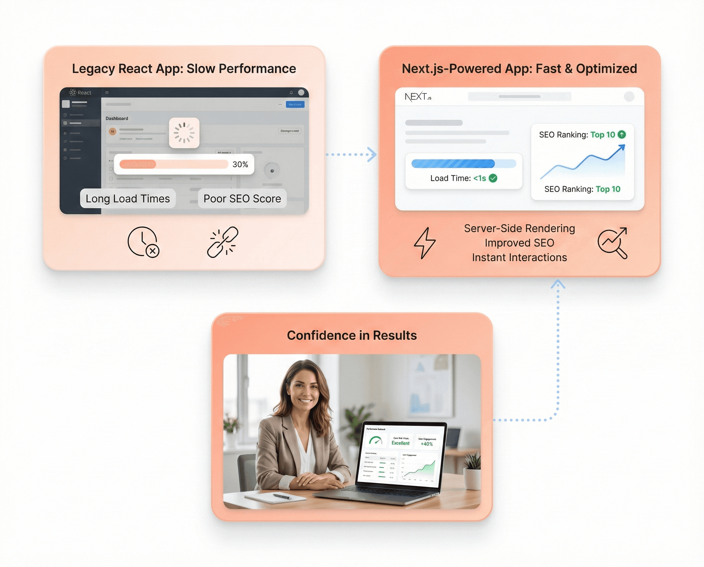 Next.js migration service showing a legacy React application transforming into a faster, SEO-optimized Next.js app with improved load speed and performance metrics.