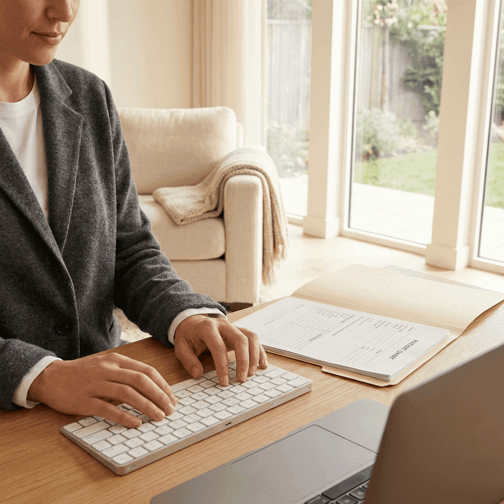 A physician types on a keyboard next to a patient chart.