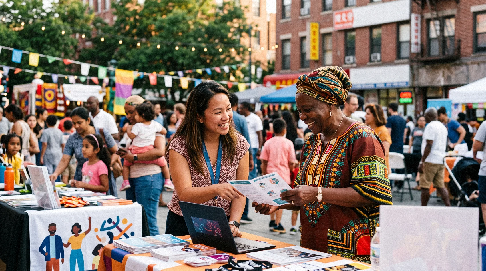 Multicultural outreach worker engaging African community woman at local street festival with leaflets - local marketing