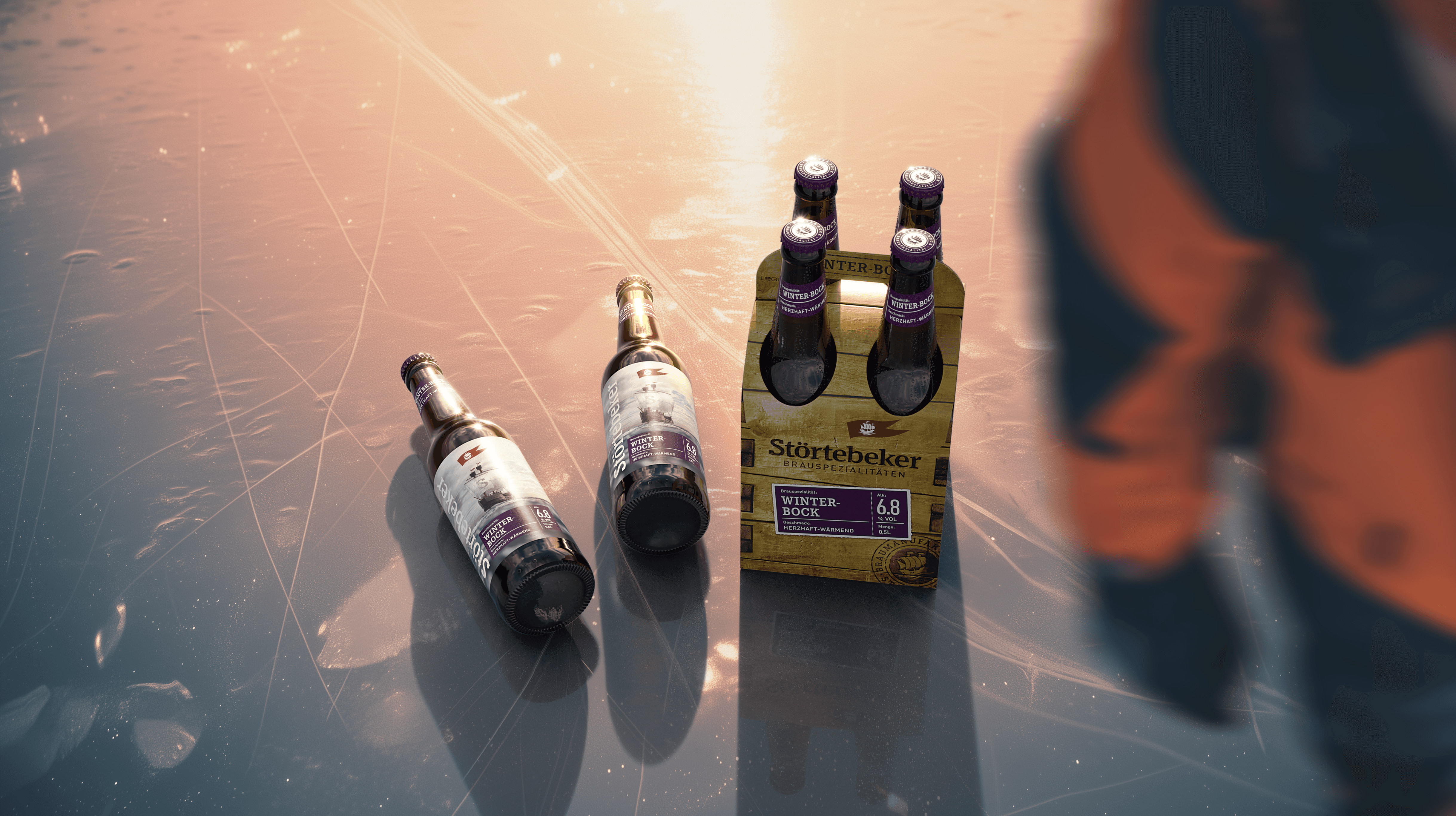 Störtebeker Winter-Bock beer bottles on ice.