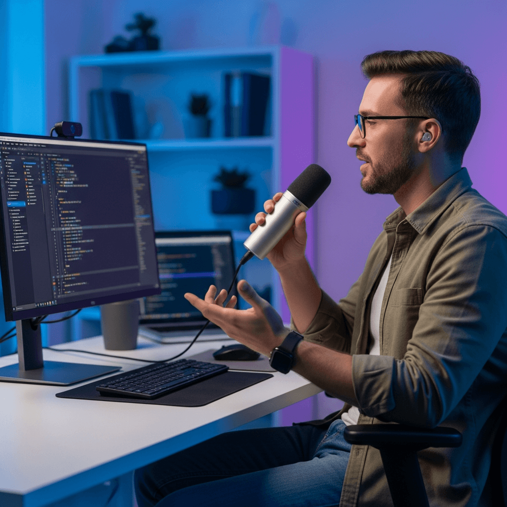 A focused developer sitting at a modern desk with a computer monitor displaying code, speaking naturally into a sleek microphone. The developer has a relaxed, confident posture with one hand gesturing naturally while talking. The workspace has a clean, professional aesthetic with soft blue and purple ambient lighting. The monitor shows an IDE interface with code visible but blurred. The scene captures the natural flow of voice-based coding, emphasizing comfort and efficiency. Modern tech workspace, professional photography style, shallow depth of field.