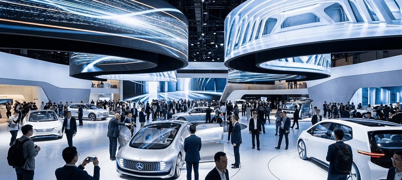 Auto Show Expo 2026 event graphic highlighting B2B opportunities in automotive and EV sectors, held January 3–5 at GUCEC Ahmedabad, with Aries Events branding and networking focus.