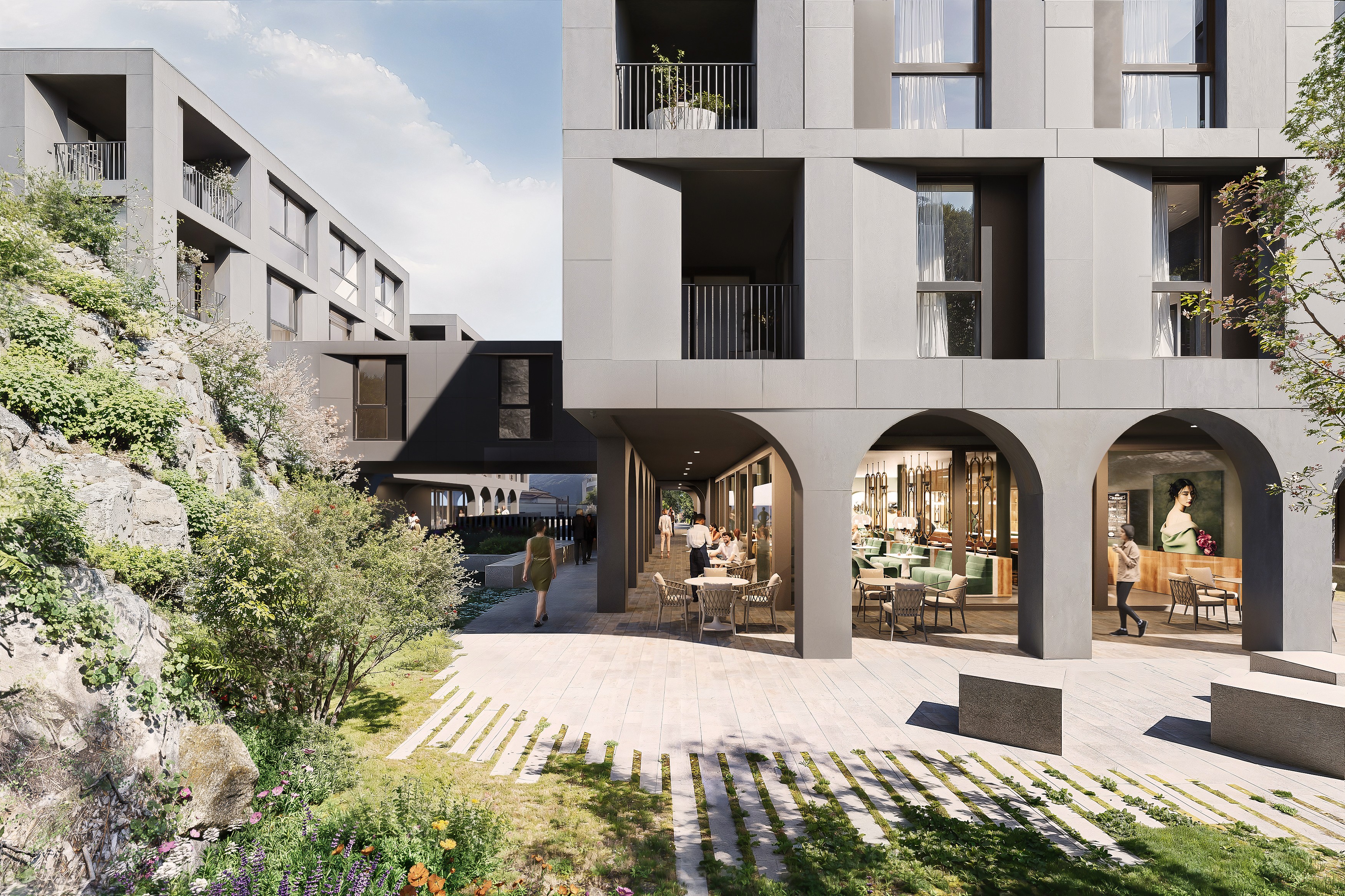 Architectural visualization of The Gate residential building in Bellinzona, Ticino, Switzerland – photorealistic 3D render