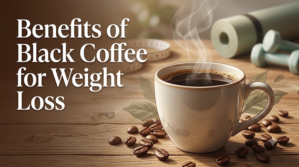 A horizontal animated-style wellness magazine cover featuring a steaming cup of black coffee on a wooden table with scattered beans. In the background, there's a soft blur of a measuring tape, yoga mat, and dumbbells. Large white elegant text in the upper-left reads 'Benefits of Black Coffee for Weight Loss'. Warms natural morning sunlight illuminates the sophisticated scene.