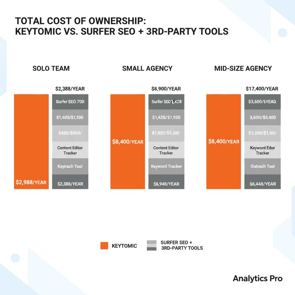 Total cost of ownership comparison showing Keytomic saves $1,488 to $4,164 annually versus Surfer SEO