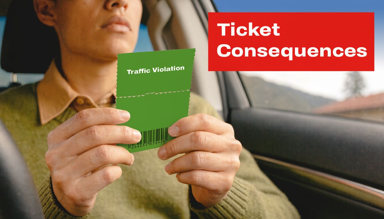 A person sitting in a car holding a green ticket labeled traffic violation with a barcode.