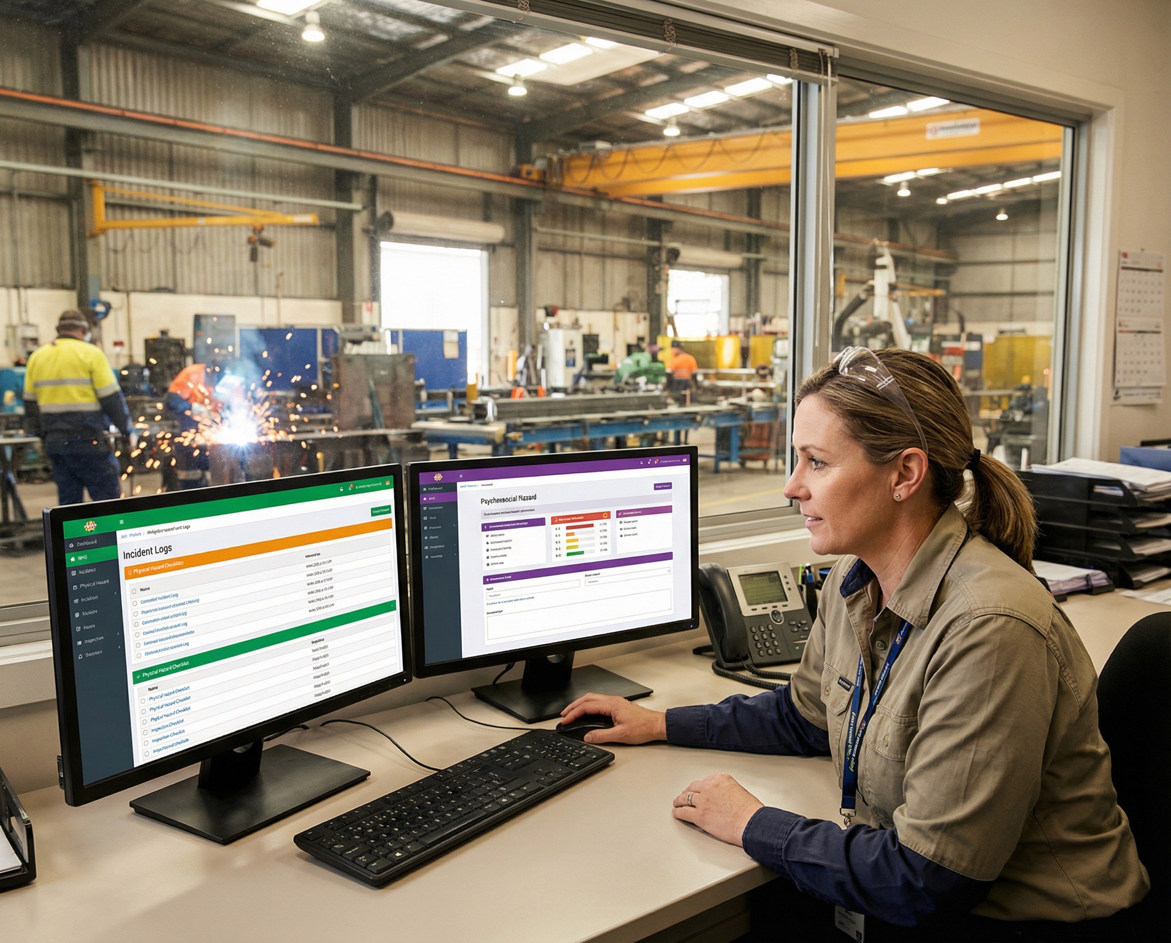 A wide, grounded shot of a safety manager's office that sits at the boundary between the administrative and operational worlds of a manufacturing facility. The office has a large interior window looking directly onto the factory floor — welding bays, assembly lines, overhead cranes visible through the glass. The safety manager, a woman in her mid-40s wearing a collared work shirt and safety glasses pushed up on her head, is sitting at her desk with two monitors.