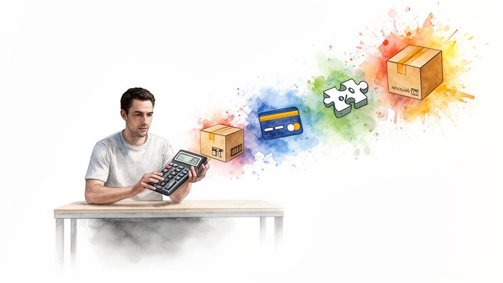 A man calculates finances on a calculator, surrounded by e-commerce icons like boxes, credit cards, and puzzle pieces.