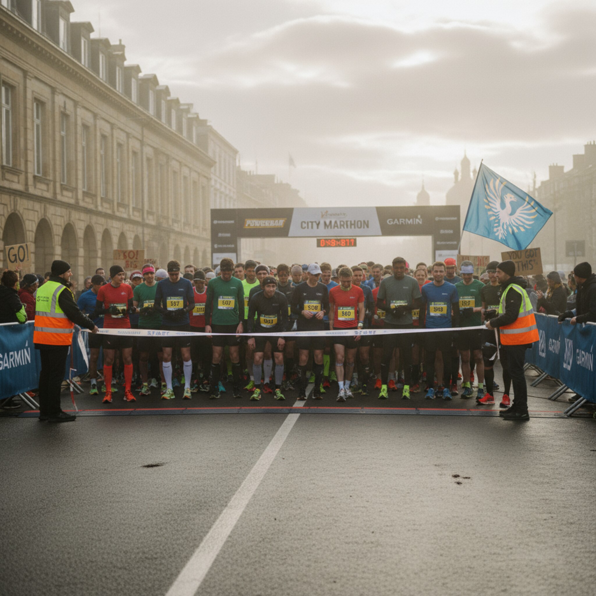 Ein kühler Morgen an einer abgesperrten Innenstadtstrecke. Dicht an dicht stehen Läuferinnen und Läufer am Start, die Sonne bricht durch die Wolken. Ordner richten Startbänder und weisen die erste Welle ein. Jubelnde Unterstützer halten Schilder hoch und eine Fahne flattert im Wind.