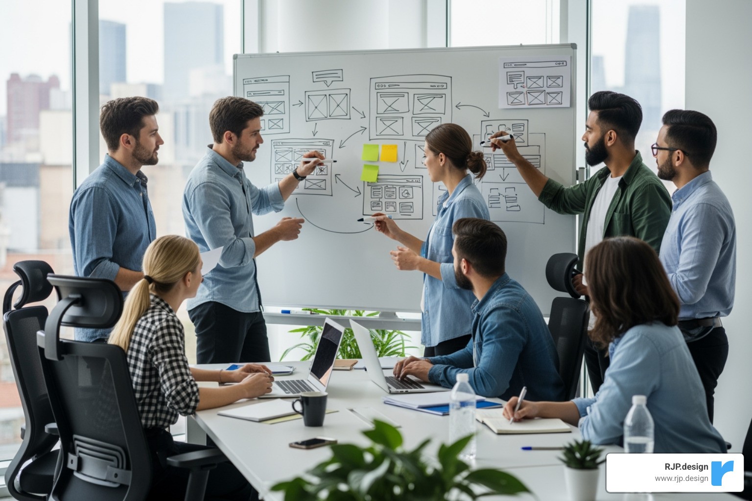 diverse team collaborating around a whiteboard with website wireframes - NYC website development