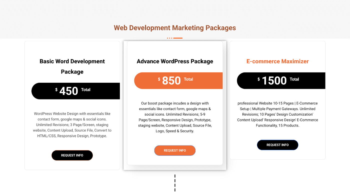 Screengrab of web development marketing package prices.