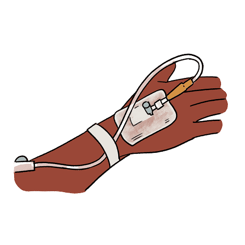 An illustration of an IV drip inserted into the back of someone's hand. A plaster holds the inserted needle in place and a tube runs out of the needle and up the arm, held in place with a strap.