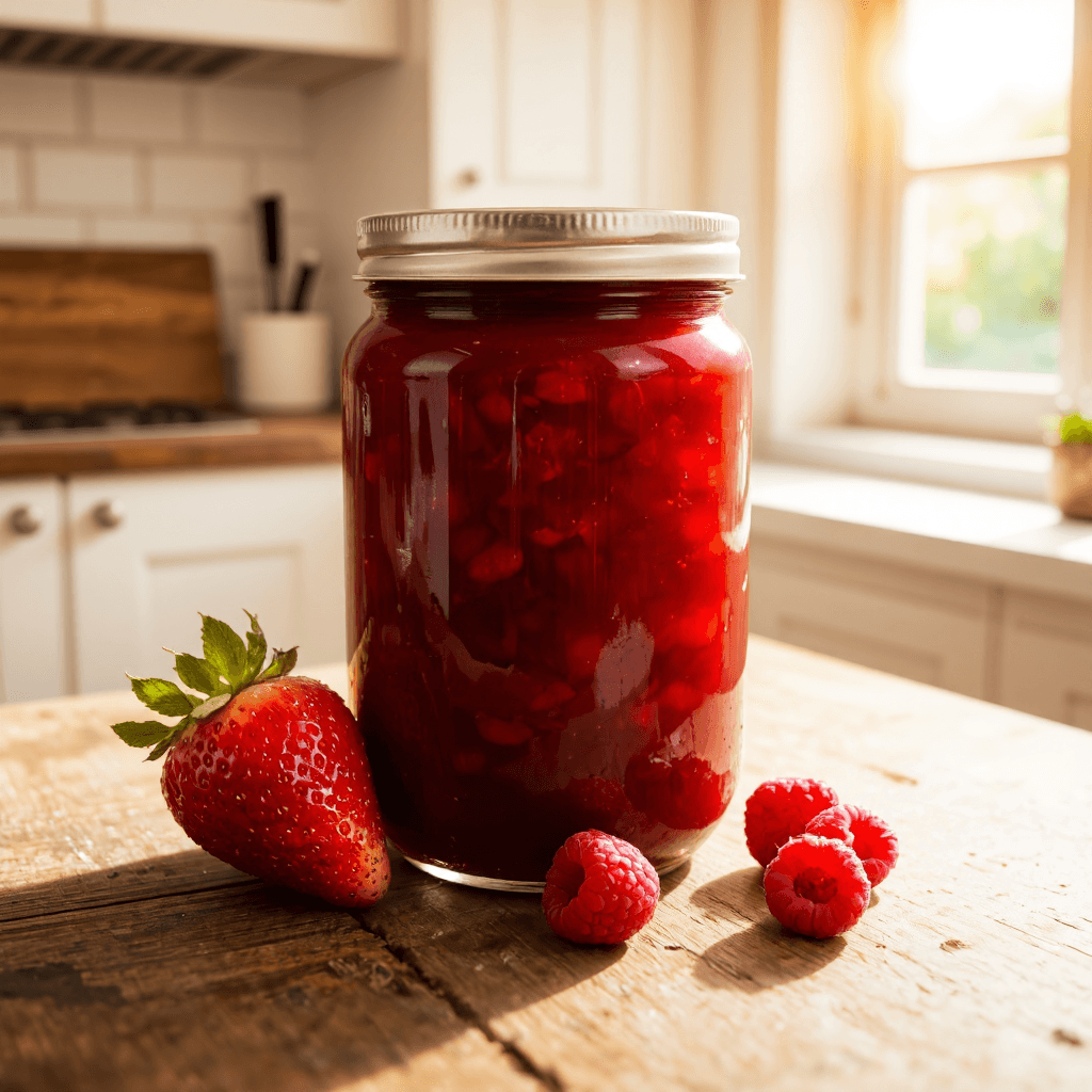 product photography of a jar of fruit preserve