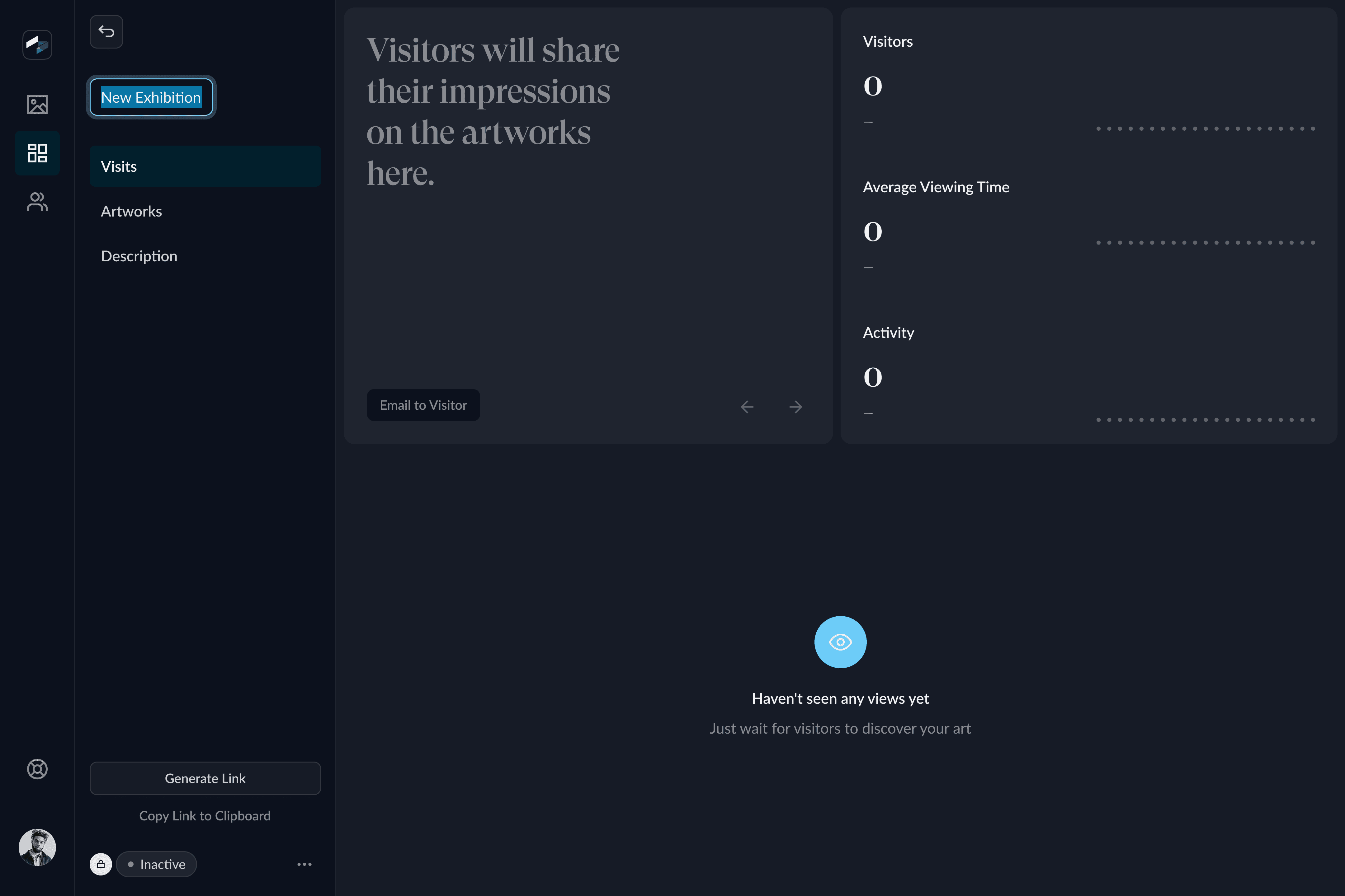 Light mode visitor dashboard showing empty state for an art exhibition.