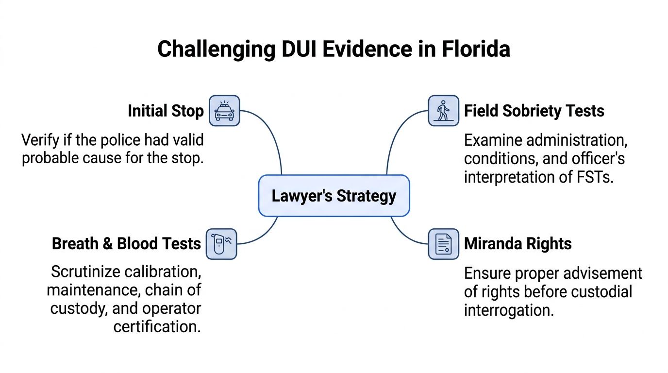 A mind map outlining a lawyer's strategy for challenging DUI evidence in the state of Florida.