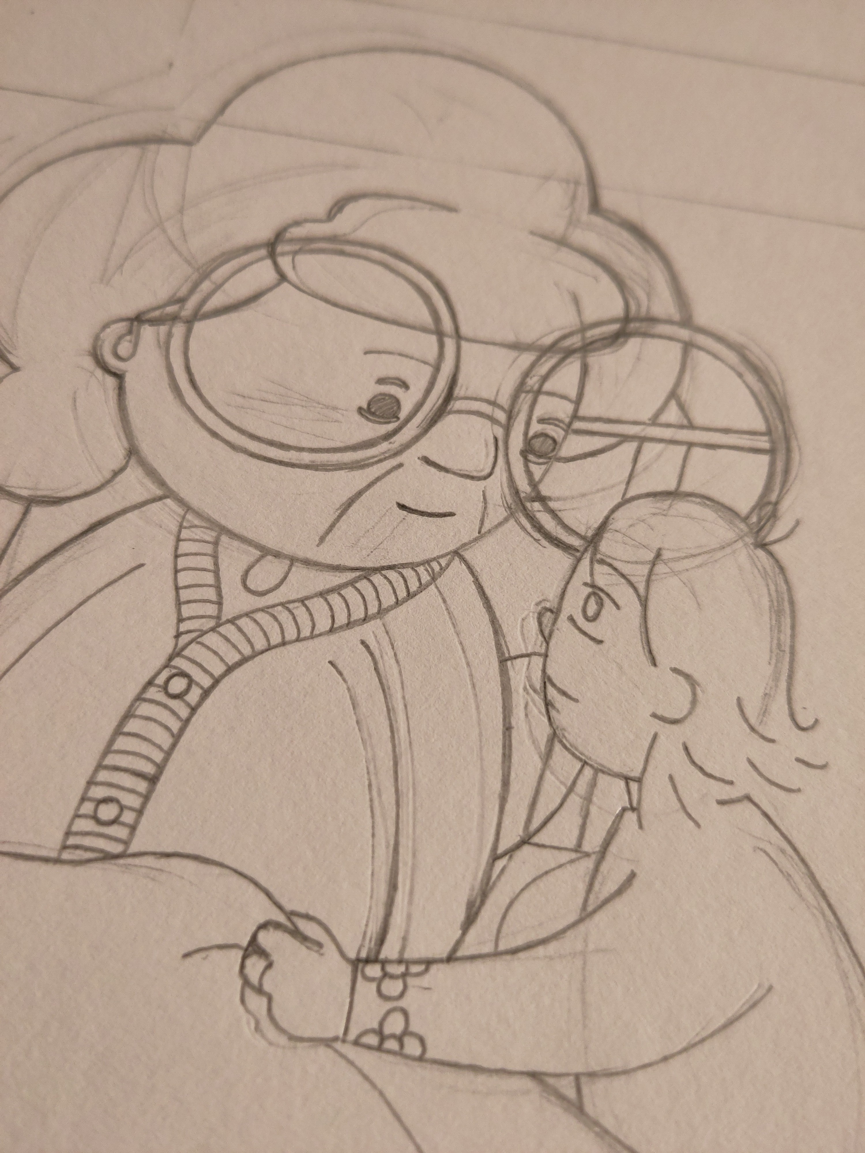 An illustration of Granny and her grand daughter from the book. It is an in-progress pencil sketch, you can see where it has been rubbed out and a new line has been drawn, trying to get the illustration right.