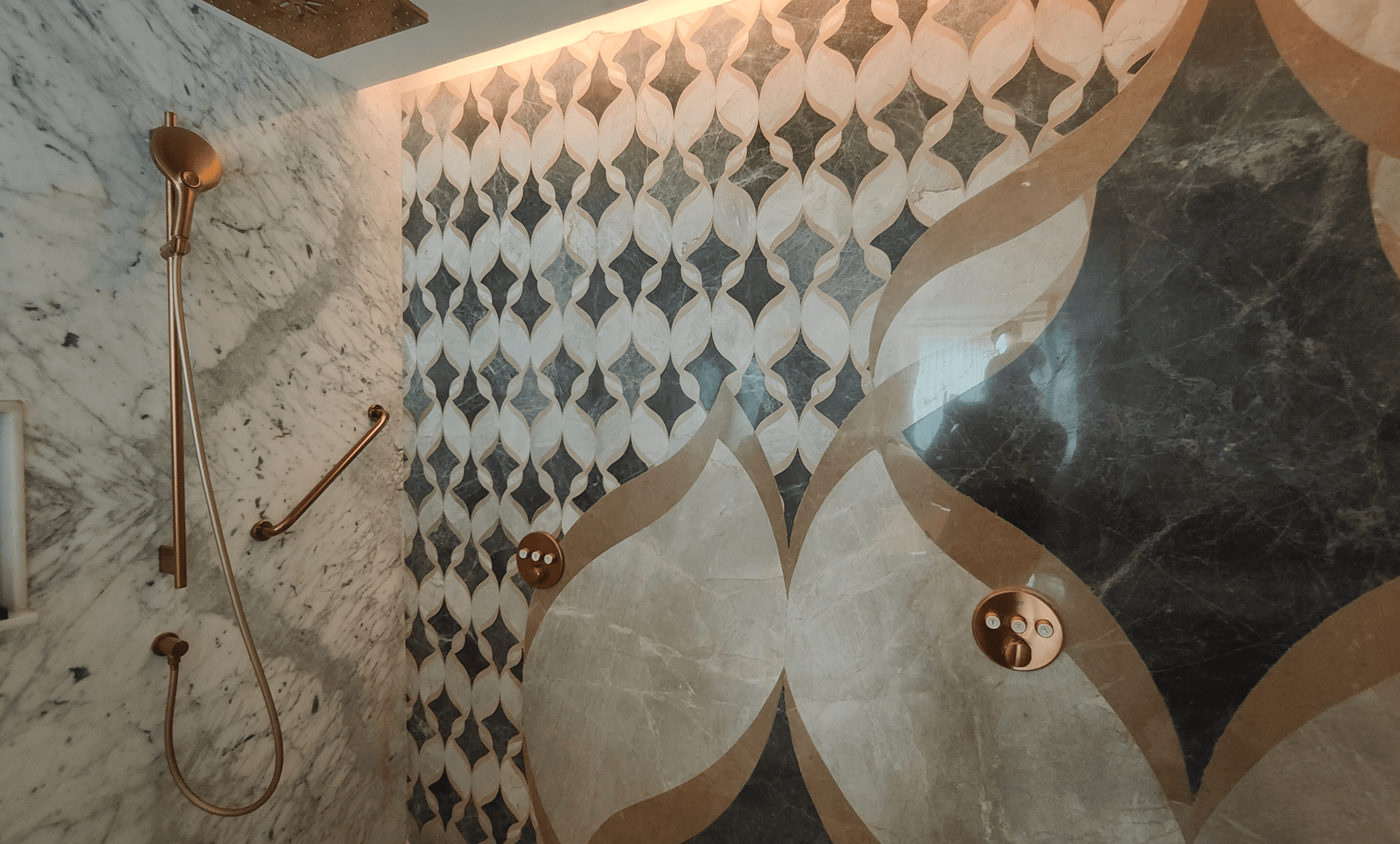 stone overlay panel inside a hotel bathroom