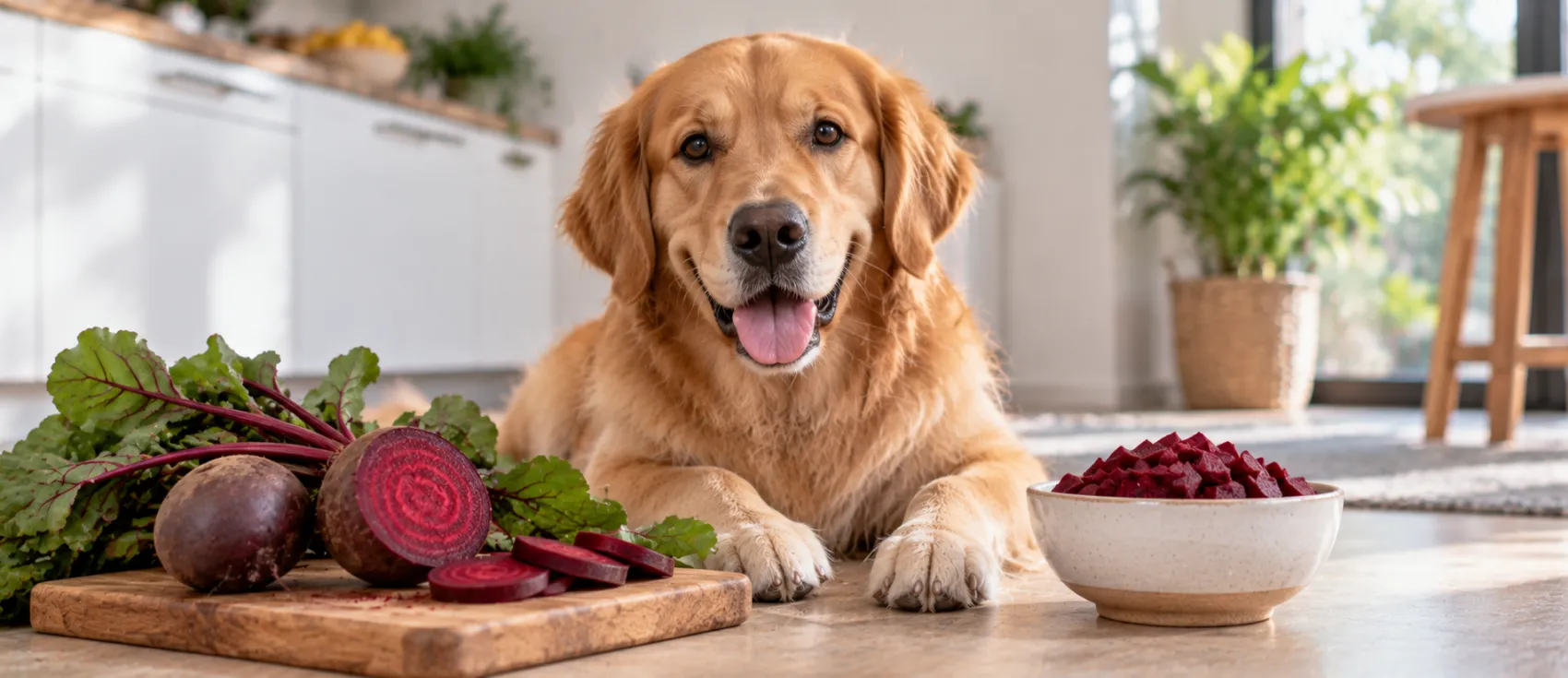 A Golden Retriever sits beside sliced beetroot and a bowl of diced beets.