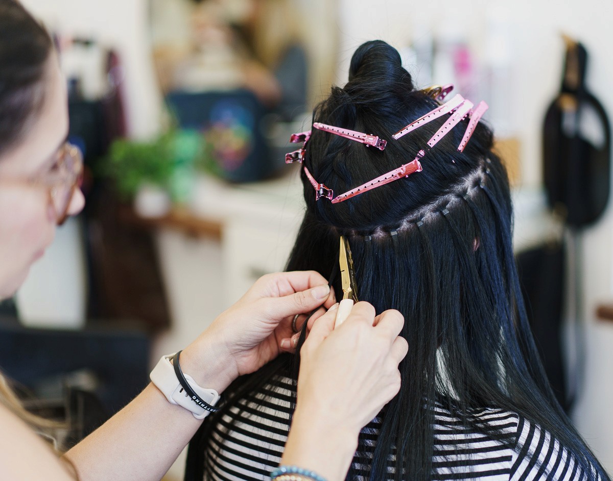 Hair extension install at Del Sol Hair Studio Huntington Beach