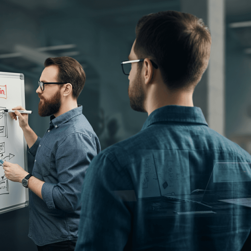 Eine realistische, leicht stilisierte Illustration oder Fotomontage mit:
– Gründer:in am Whiteboard mit Skizzen,
– digitale Tools im Hintergrund (Laptop, Prototyp),
– Blick nach vorn, energiegeladen.
→ Der Fokus: "From idea to execution – with clarity."