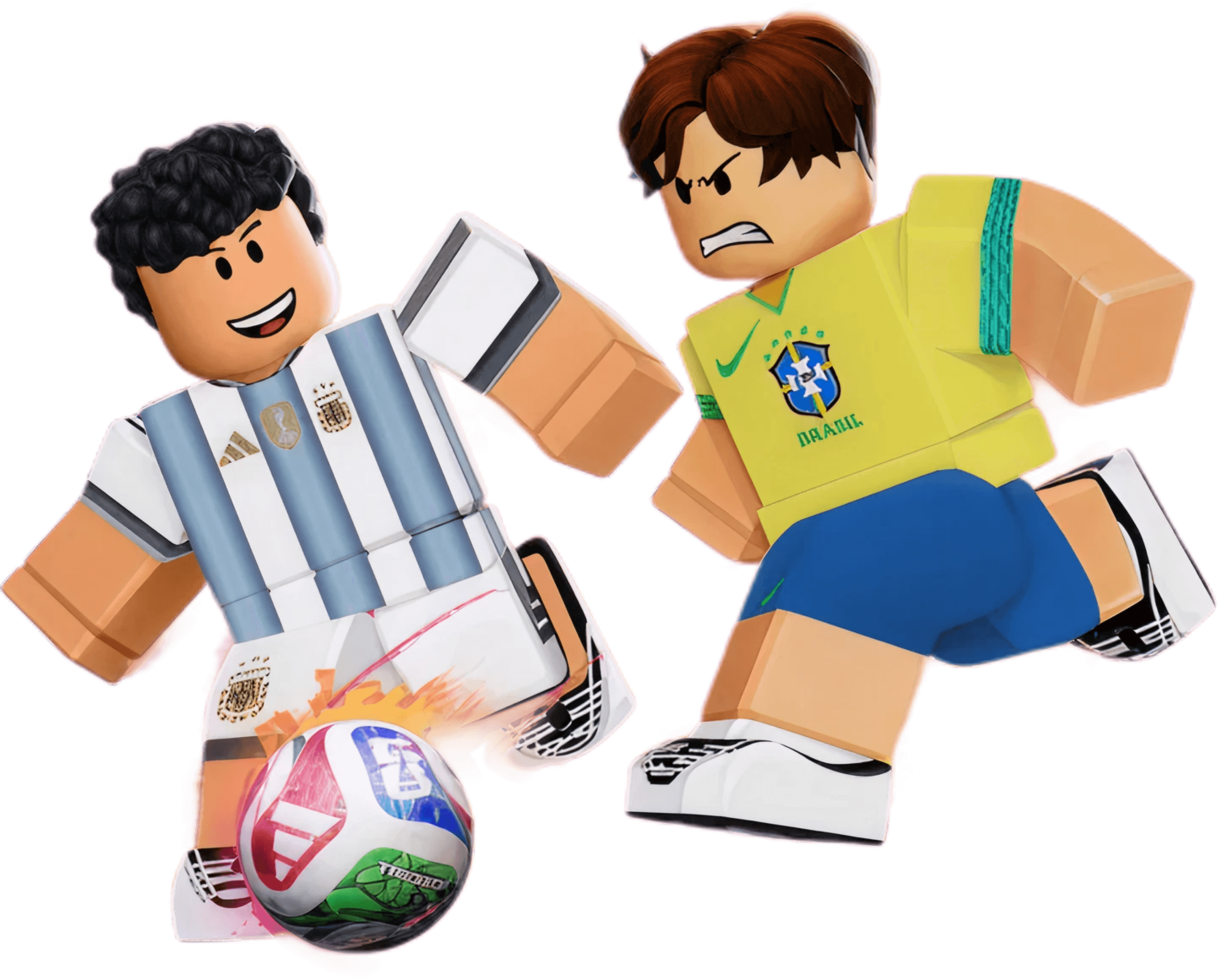 Two Roblox characters in soccer uniforms playing soccer.