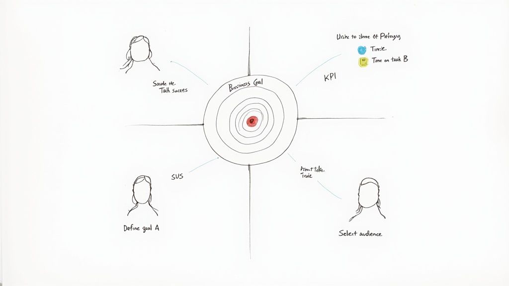 Hand-drawn diagram of a business goal with surrounding user interface testing metrics (KPI, SUS) and tasks.