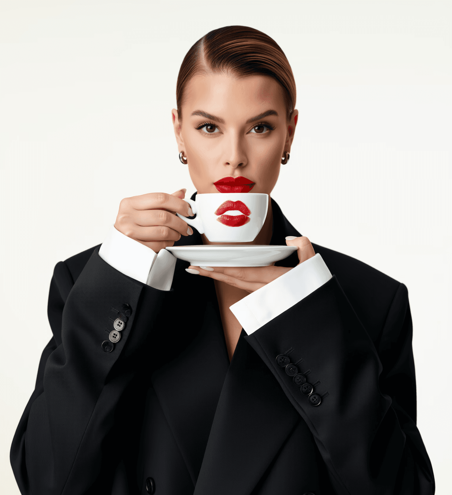 Portrait of a smiling woman with natural curly hair wearing a pale yellow T-shirt and gold hoop earrings against a gray background.