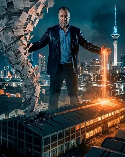 A giant man in a suit stands over a factory at night