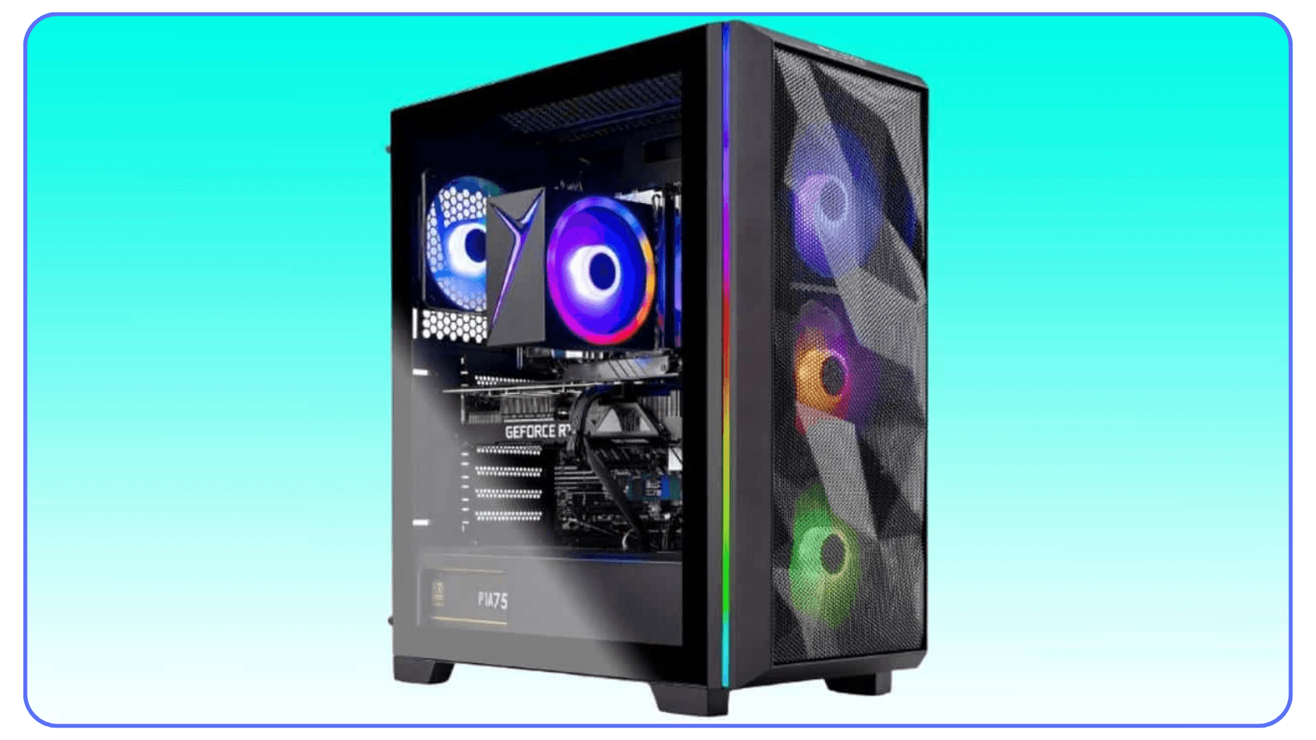 Skytech Chronos desktop PC with transparent case and colorful cooling fans