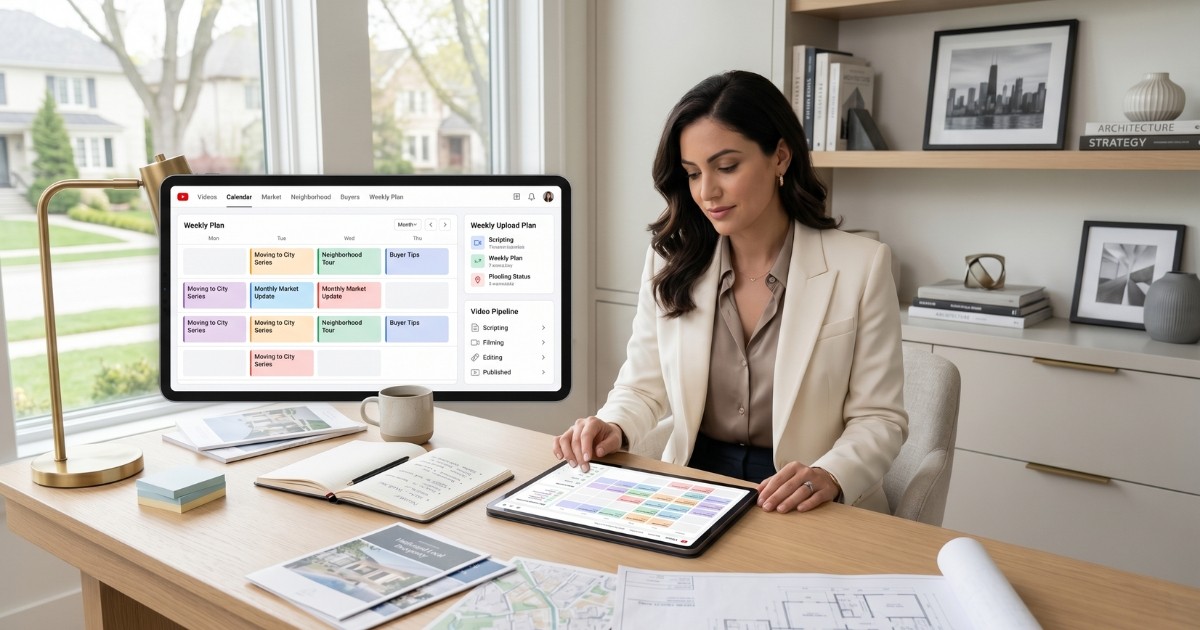 A real estate agent looking at a structured YouTube video content calendar on a tablet.