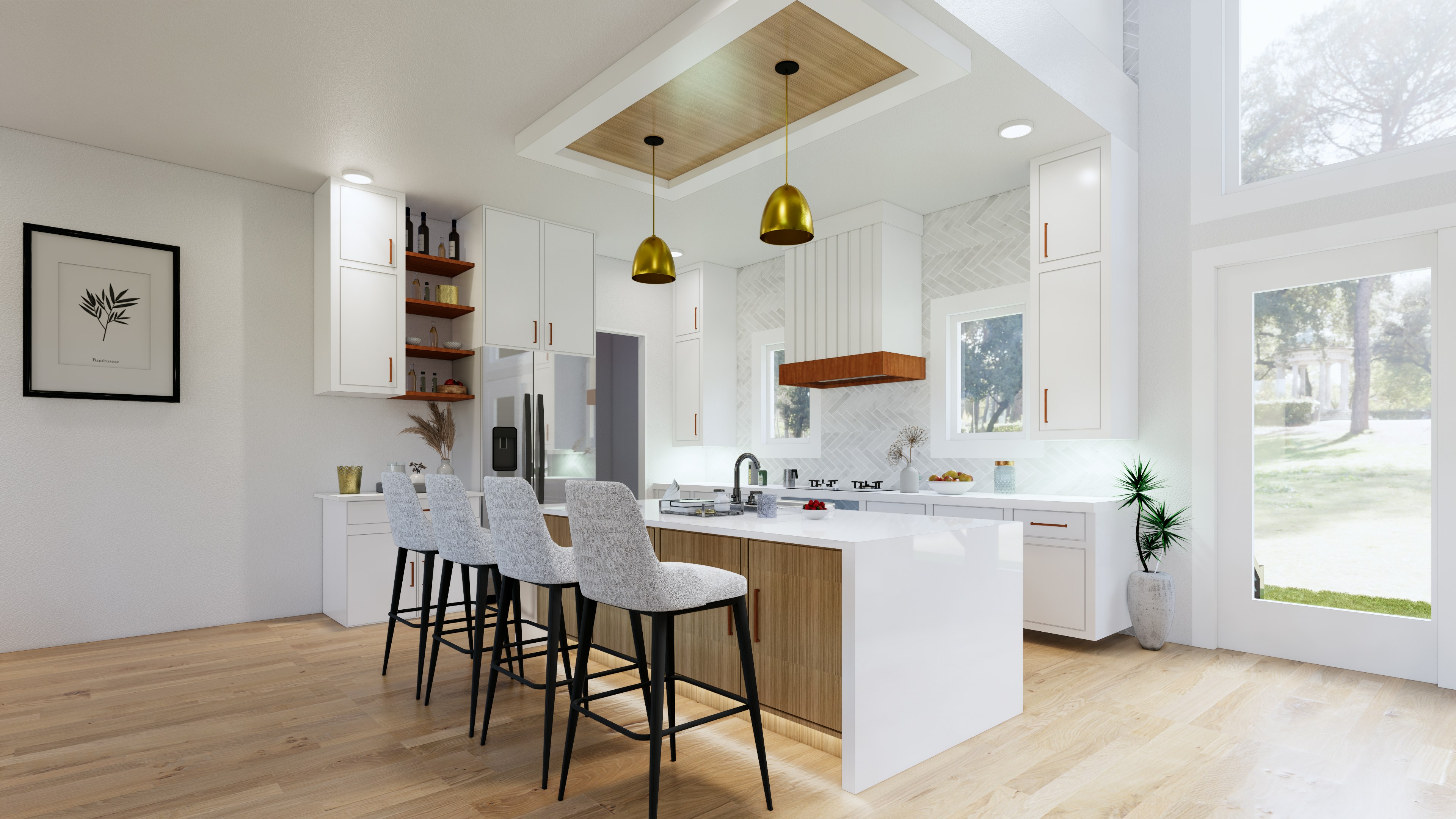 Contemporary white kitchen with gold pendant lights, wood island, and herringbone marble backsplash