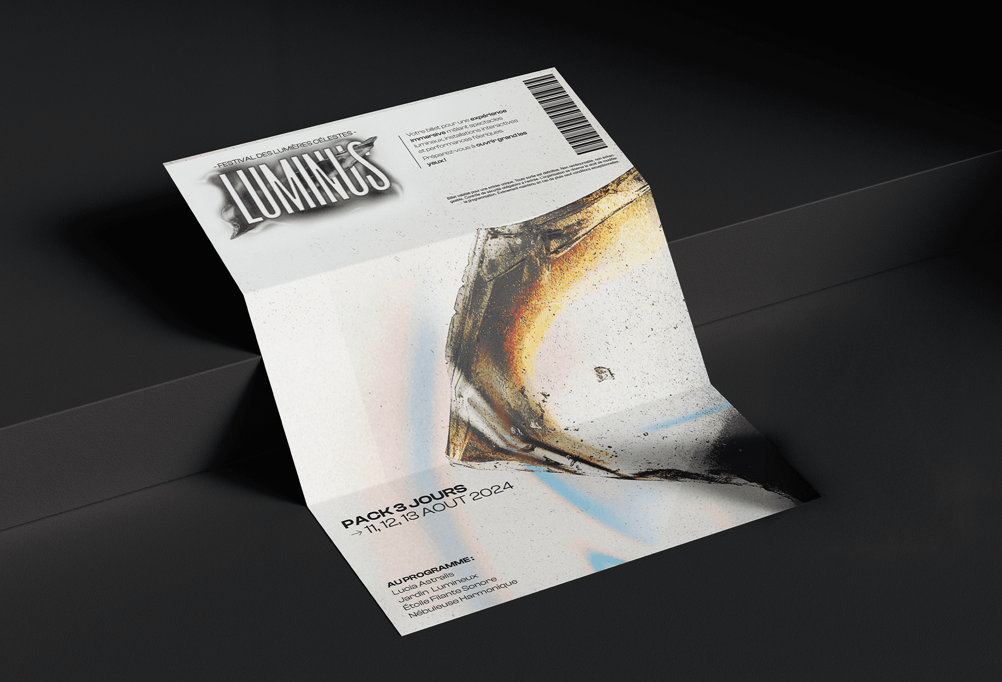 Billet imprimé du projet Luminus, design print et déclinaison de l’identité visuelle.